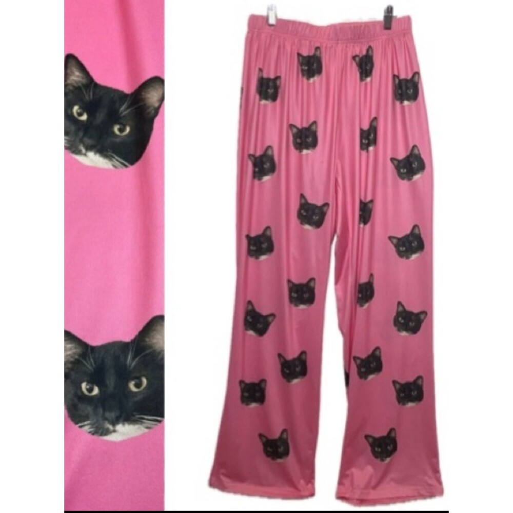 PetFace Pajamas All Over Black Cat Print Lounge Pants Women Size 2XL Barbie Pink